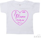 Soft Touch T-shirt Shirtje Korte mouw "De liefste mama is toevallig mijn mama" Unisex Katoen Wit/fluor pink Maat 62/68