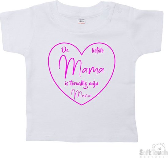 Soft Touch T-shirt Shirtje Korte mouw "De liefste mama is toevallig mijn mama" Unisex Katoen Wit/fluor pink Maat 62/68
