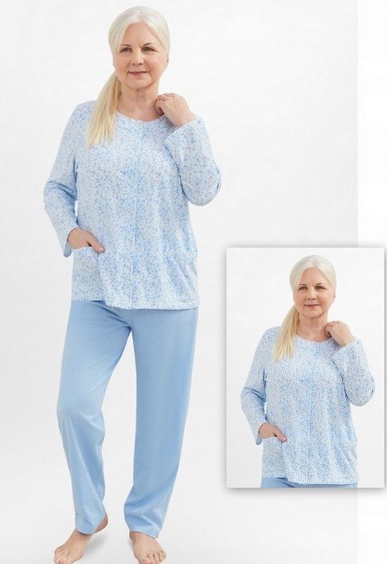 Martel Maria dames pyjama - lange mouwen- wit/lichtblauw- 100 % katoen L