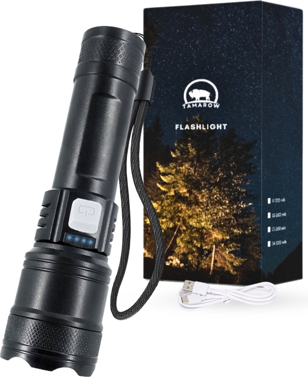 Tamarow Oplaadbare LED Zaklamp met cob licht - 20W - Duurzaam - Zoomfunctie - Waterdicht - 2600mAh Batterij - TYPE-C USB - 3 Lichtstanden