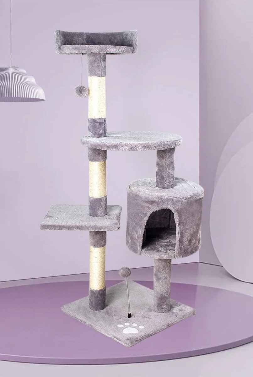PEAM® Krabpaal voor Katten - Kattenboom Grote Katten - Cat Tower - 40x40x116cm - Lichtgrijs - Krabpaal - Kattenboom - Speelplek Kat - Rustplek Kat - 5 Niveaus - Kitten