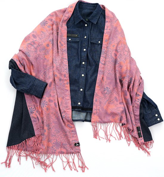 YELIZ YAKAR - Handmade - enkel exemplaar - Luxe dubbelzijdig dames pashmina- katoen blend sjaal/omslagdoek “ Mizar”- roze en blauw kleuren - designer kleding- zomer sjaal- luxecadeau