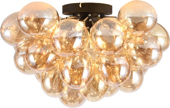 Olucia Cyril - Design Plafondlamp - 6L - Metaal/Glas - Amber;Zwart - Rond - 50 cm