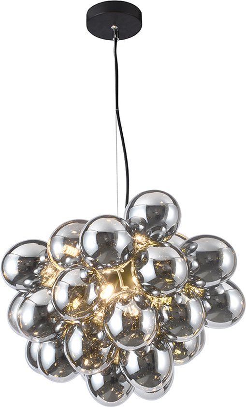 Olucia Cyril - Design Hanglamp - 8L - Glas/Metaal - Grijs;Zwart - Rond - 50 cm