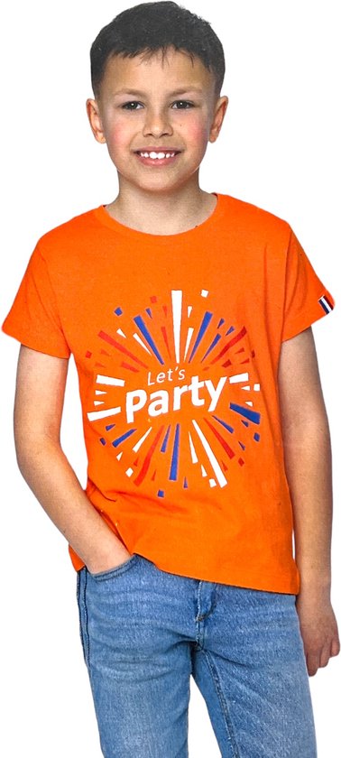 Oranje - T-Shirt - Jongens - Let's Party Slogan - Voor o.a. EK/WK Koningsdag Of Feestjes- Maat 110-116 - 5-6 jaar