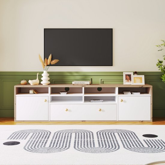 NNJN TV-kast, laag paneel met gestructureerde deur, tv-meubel met laden, gouden handgrepen en gouden poten (wit