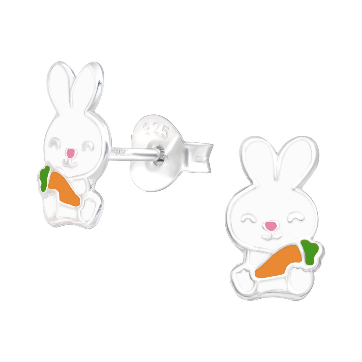Zilveren konijn met wortel kinderoorknopjes | vrolijk konijntje met kristalletjes kinderoorbellen | Funny rabbit oorbellen Meisje Zilver | Zilverana | Sterling 925 Silver