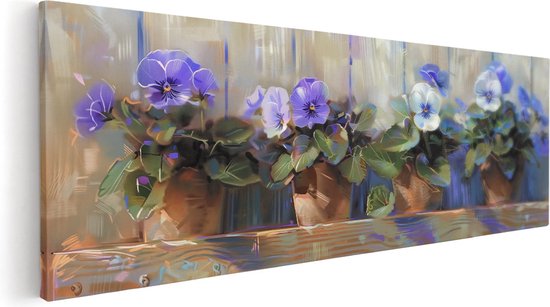Artaza Canvas Schilderij Paarse Viooltjes in Potten op een Houten Plank - 120x40 - Wanddecoratie - Foto Op Canvas - Canvas Print