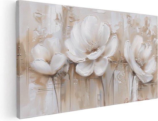 Artaza Canvas Schilderij Drie Witte Bloemen op een Beige Achtergrond - 100x50 - Muurdecoratie - Foto Op Canvas - Canvas Print