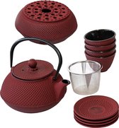 Asia-theepotset rood - premium handwerk van gietijzer - Japanse theepot in set (onderzetter, stoofje, 4 bekers, zeefinzetstuk) thee-cadeauset traditioneel Japans theeservies