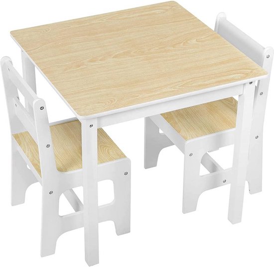 Rootz Kindertafel en stoelenset - Kindermeubelset - Studie- en activiteitentafel - Kindvriendelijk ontwerp, veiligheidsvoorzieningen, duurzame constructie - MDF, natuurlijke houtafwerking - Tafel: 60x60x55 cm, Stoelen: 30x30x55 cm