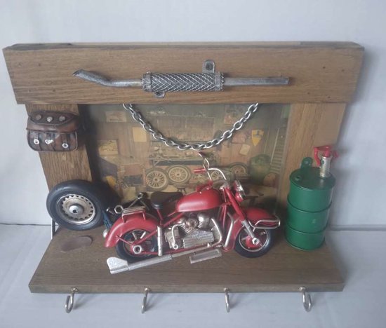 Maddeco - sleutelrekje - hout en blik - motor in garage - 25 x 9 x 17 cm