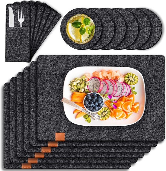 Foto: Vilten placemats en onderzettersets 6 vilten tafelmatten 44 x 32 cm met 6 onderzetters en 6 bestekzakken hittebestendig en wasbaar voor keukentafelmat