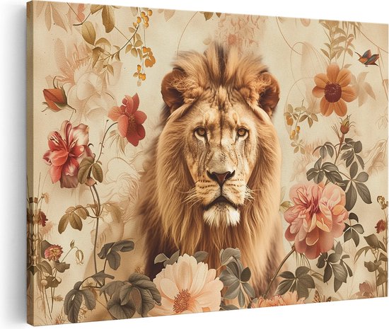 Artaza Canvas Schilderij Leeuw op een Florale Achtergrond - 120x80 - Groot - Foto Op Canvas - Canvas Print