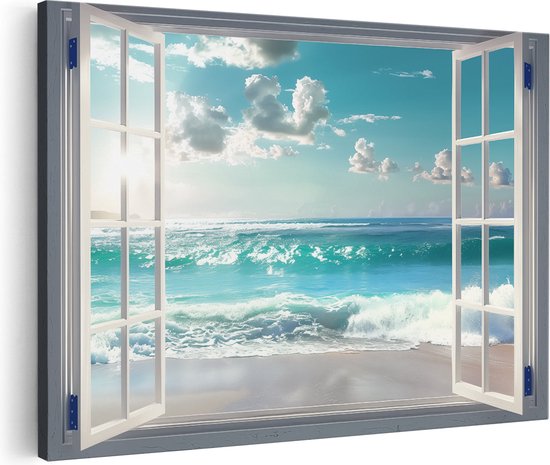 Artaza Peinture sur toile Fenêtre ouverte avec vue sur l'océan - 120 x 80 - Groot - Photo sur toile - Impression sur toile