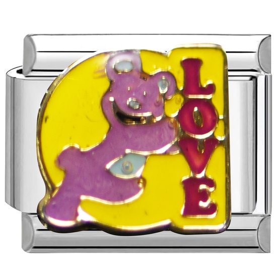Quiges - Schakel - Bedel - 9mm - charms - Kleurrijk - Teddybeer - met - liefde - Geschikt voor - Nomination- armband - Schakelarmband - italy bedels armband