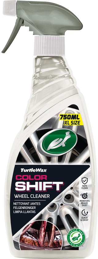 Nettoyant jantes Turtle Wax Color Shift en flacon XL de 750ml avec pulvérisateur. Liquide transparent, avec des éclaboussures rouges sur la jante.