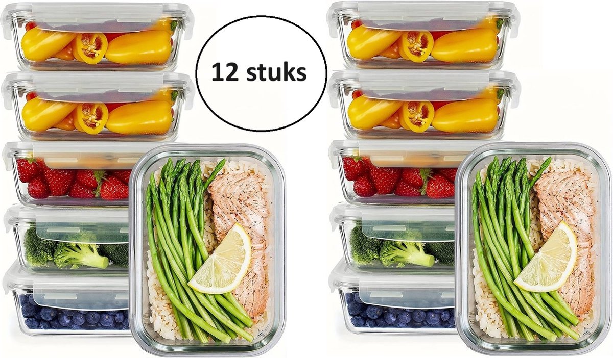Weissberg Meal Prep luchtdicht bakjes van glas - Vershoudbakjes Set - BPA Vrij - 620ml - 12 Stuks