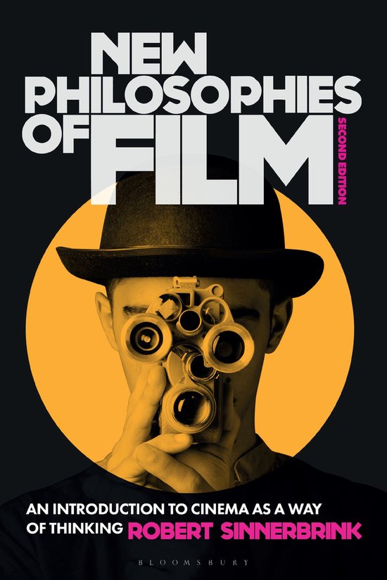 Couverture du livre 'New Philosophies of Film' montrant un homme regardant à travers une caméra de cinéma, avec le texte 'New Philosophies of Film'.