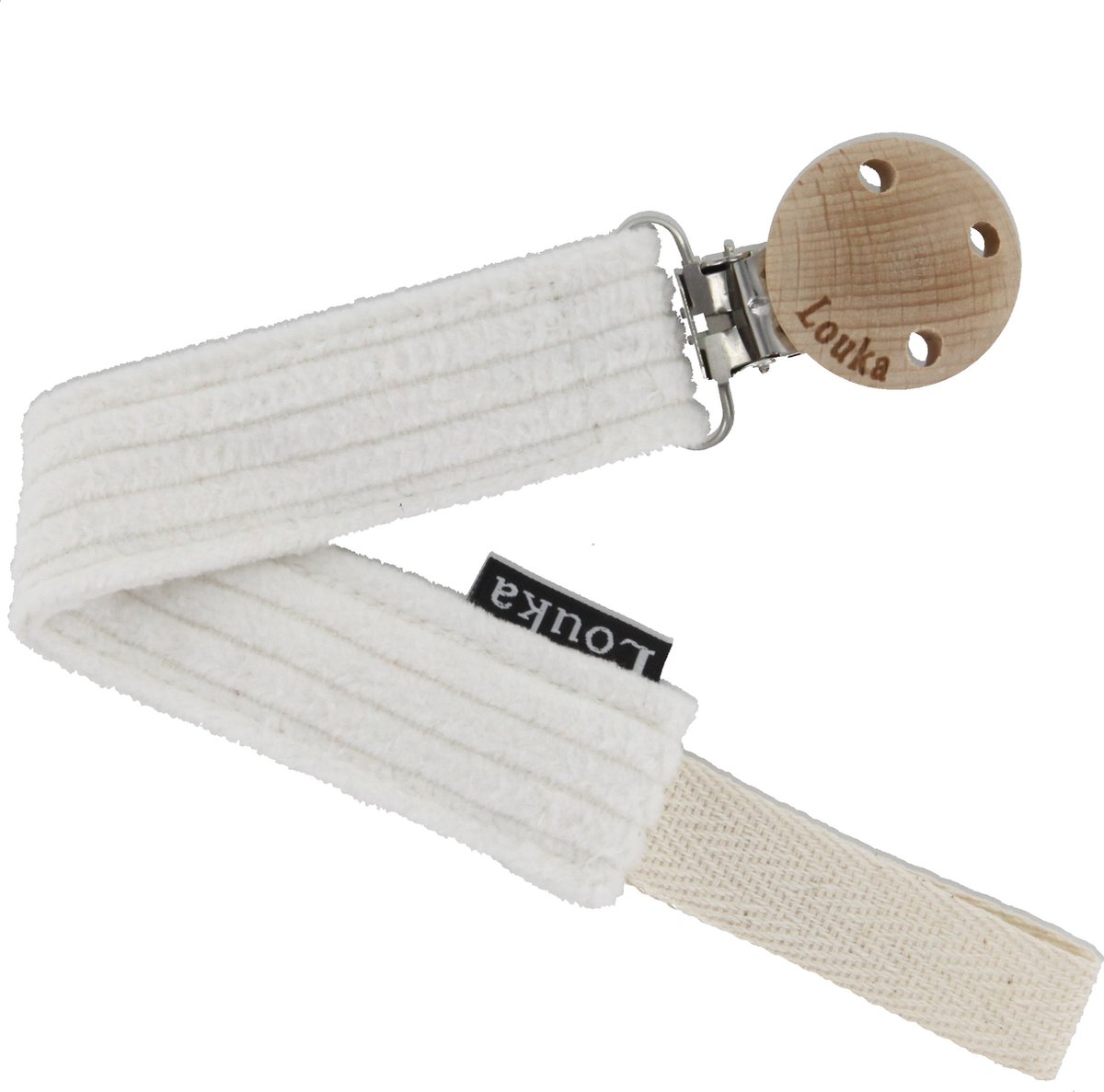 Goedkoopste Louka Speenkoord brede rib écru de luxe - gebroken wit - houten clip - speenketting