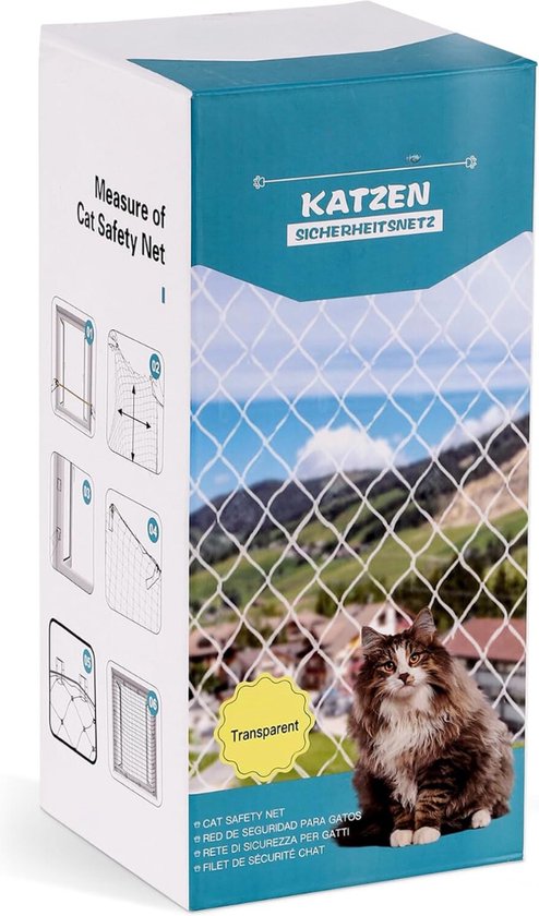 WOOWOOD Kattennet voor balkon (zonder boren), met kleefhaken en siliconenlijm, kattennet versterkt met draad, weerbestendig, kattennet, raam, kattenrooster, kattennet, balkon, 6 x 3 m