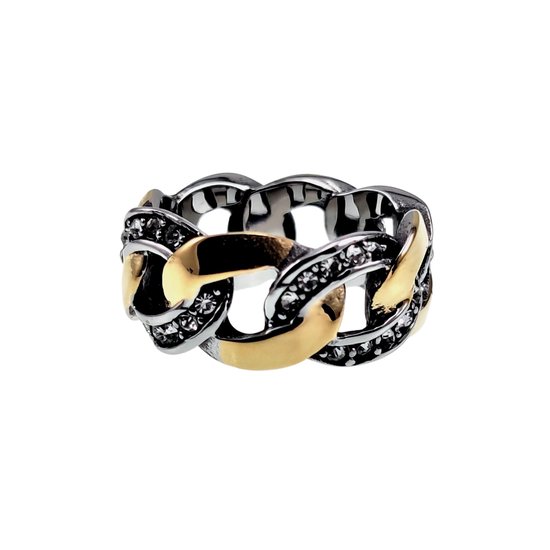 Zilverkleurige ring met gouden schakels en zirkonia steentjes.