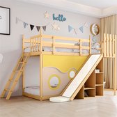 Bol.com Sweiko Stapelbed Houten bed met trap en hekken met bedgordijn glijbaan en plank Kinderbed met valbeveiliging en rooster ... aanbieding