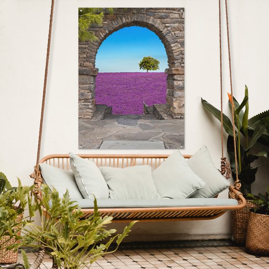 Affiche de jardin - Vue - Lavande - Arbre - Fleurs - Paysage - 90x120 cm - Décoration de clôture - Toile de jardin
