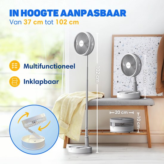Witte staande ventilator is in hoogte verstelbaar van 37 cm tot 102 cm. Multifunctioneel en inklapbaar.