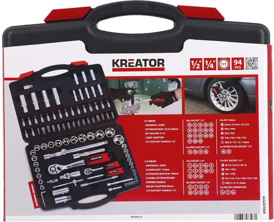 Kreator dopsleutelset, 94 delig, in zwarte koffer met rode accenten. De koffer is open met de gereedschappen erin gelegd. Bevat afbeeldingen van gereedschap in actie.