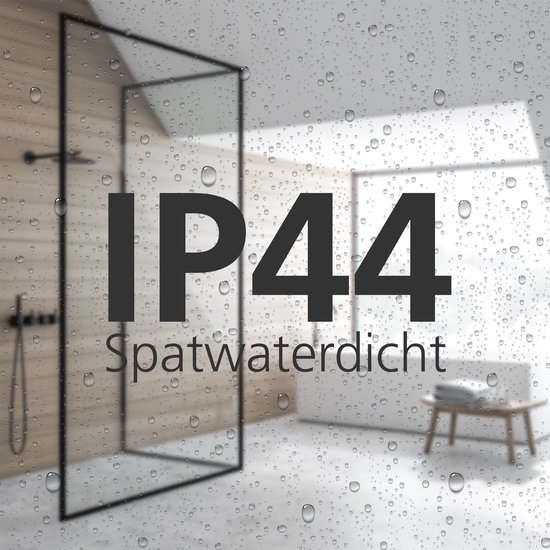 IP44 spuitwaterdicht keurmerk op een badkamer achtergrond.
