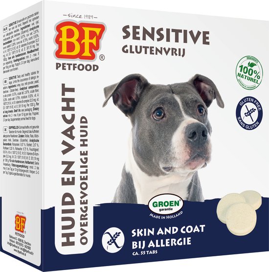 BF Petfood Sensitive, glutenvrije huid- en vachttabletten voor honden met gevoelige huid en allergieën. Ca. 55 tabletten.