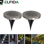 Elfida - Tuinverlichting op Zonne Energie - Set van 2 Grondspots met 8 LEDs voor Buiten - 14cm Diameter Solar Tuinverlichting