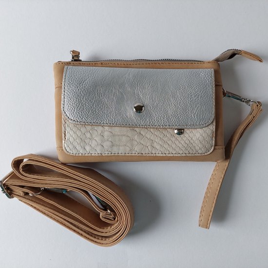 schoudertasje/pols tasje - suede look - crossbody - pols - meerdere vakjes - beige/zilver - slank - opvallend