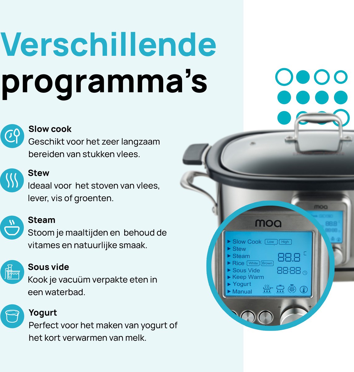 MOA Multicooker - 6L - Slowcooker - Rijstkoker met Stomer - PFAS- & BPA-vrij - Stoomkoker - Sous Vide Koker - 8 Kookfuncties - 1250W - RVS thumbnail 5