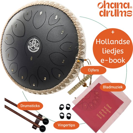 Foto: Ohana drums handpan 36 cm onyx zwart tongue drum klankschaal 15 noten handpan tong drum klankschalen yoga drum lotus tong muziekinstrument voor kinderen mindfulness muziektherapie percussie instrumenten