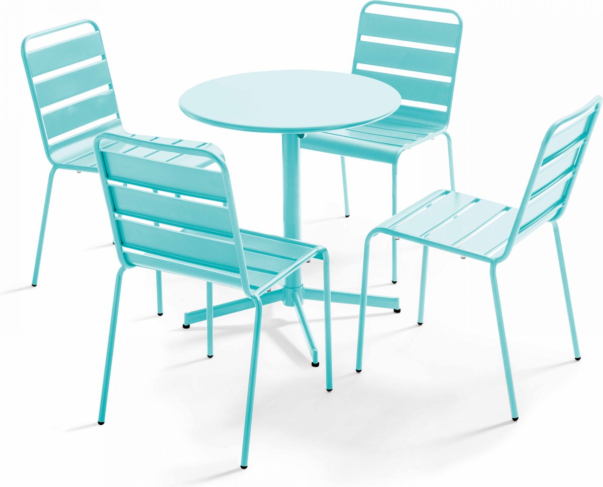 Set van ronde tuin tafel en 4 turquoise stoelen van Oviala - Palavas.