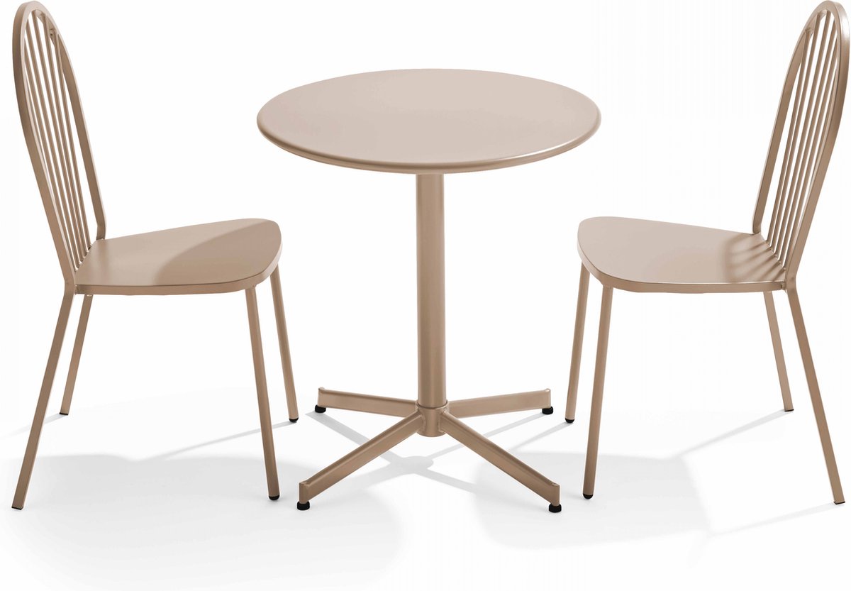 Oviala - Kantelbare tuintafel en 2 bistrostoelen in taupe - Palavas Oviala - Kantelbare tuintafel en 2 bistrostoelen in taupe - Palavas.