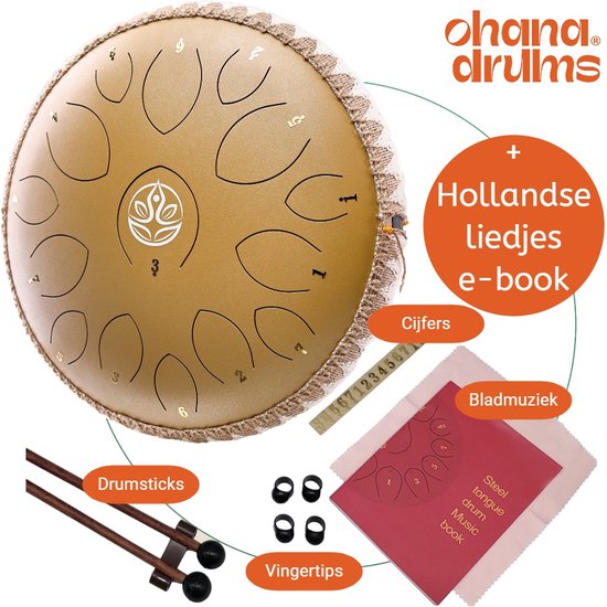 Foto: Ohana drums handpan 36 cm zonnegloed goud tongue drum klankschaal 15 noten handpan tong drum klankschalen yoga drum lotus tong steeldrum muziekinstrument voor kinderen mindfulness muziektherapie percussie instrumenten