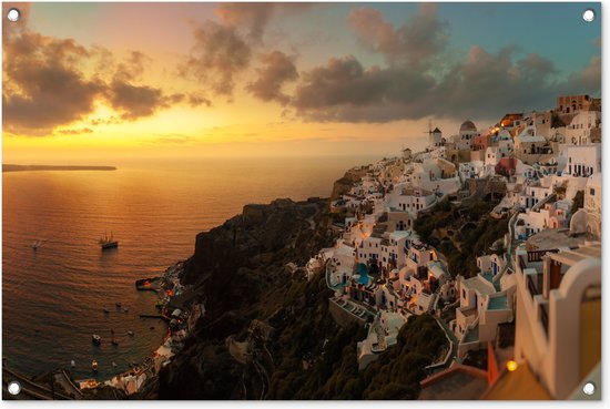 Tuinposters buiten Het vissersdorp Santorini Griekenland bij zonsondergang - 90x60 cm - Tuindoek - Buitenposter