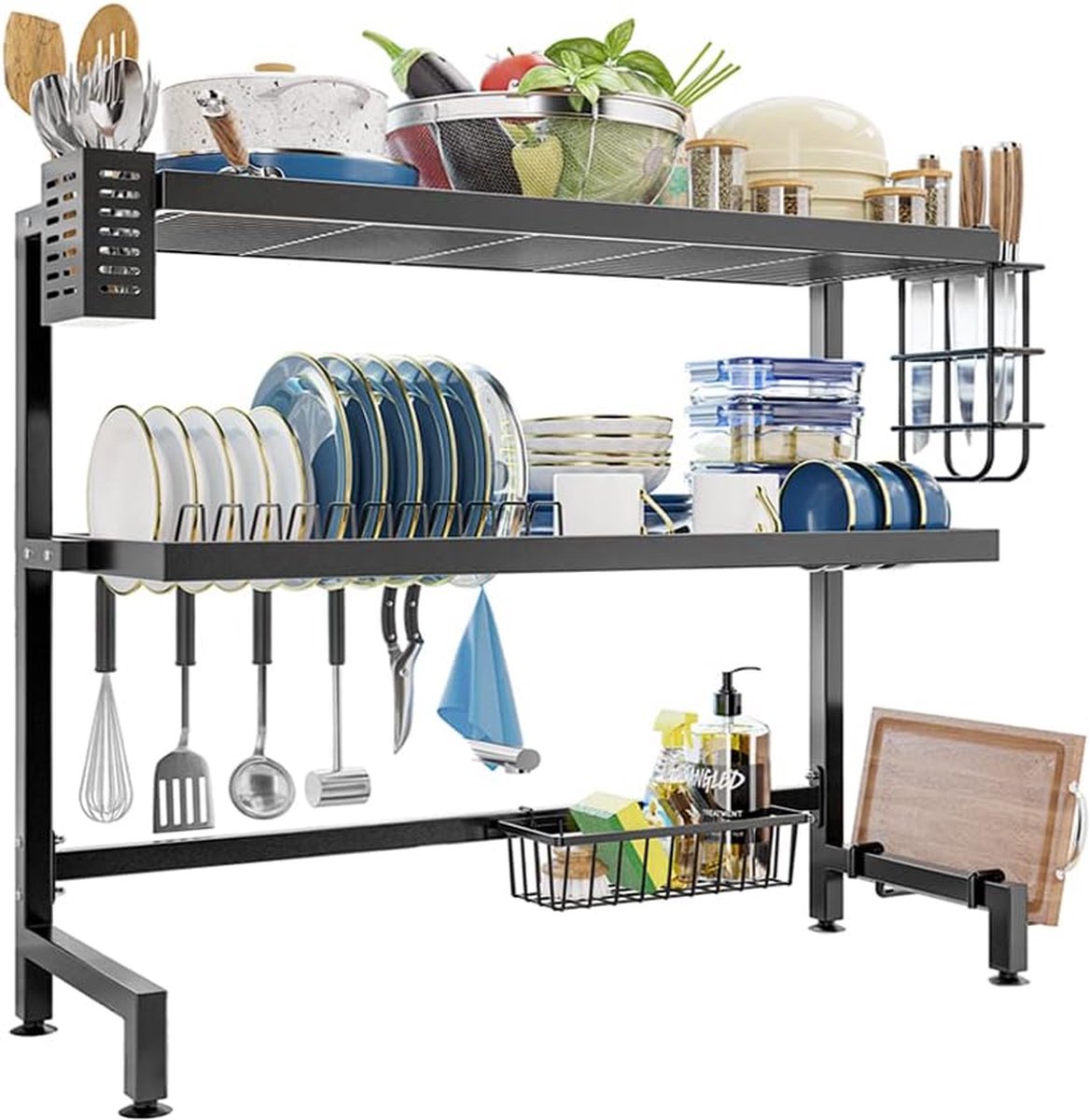 NETEL Afdruiprek boven de gootsteen, afdruiprek met 3 niveaus, Multifunctionele Roestvrij gootsteenafdruiprek, Keukenorganizer en toonbankopslag, Met Keukengerei, Snijplank Houder, Lengte 105cm, Zwart