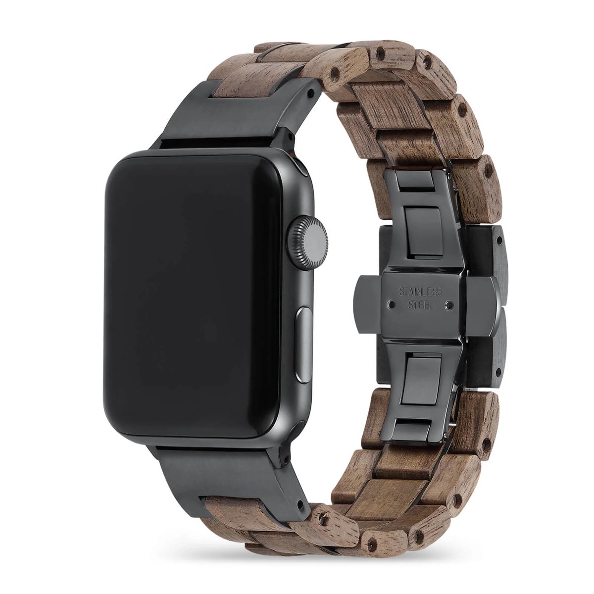 Apple Watch-bandje - walnotenhout en zwart staal 38-41 mm
