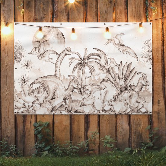 Décoration murale Dino - Enfants - Jungle - Plantes - Kids - 180x120 cm - Poster jardin - Toile jardin - Poster extérieur