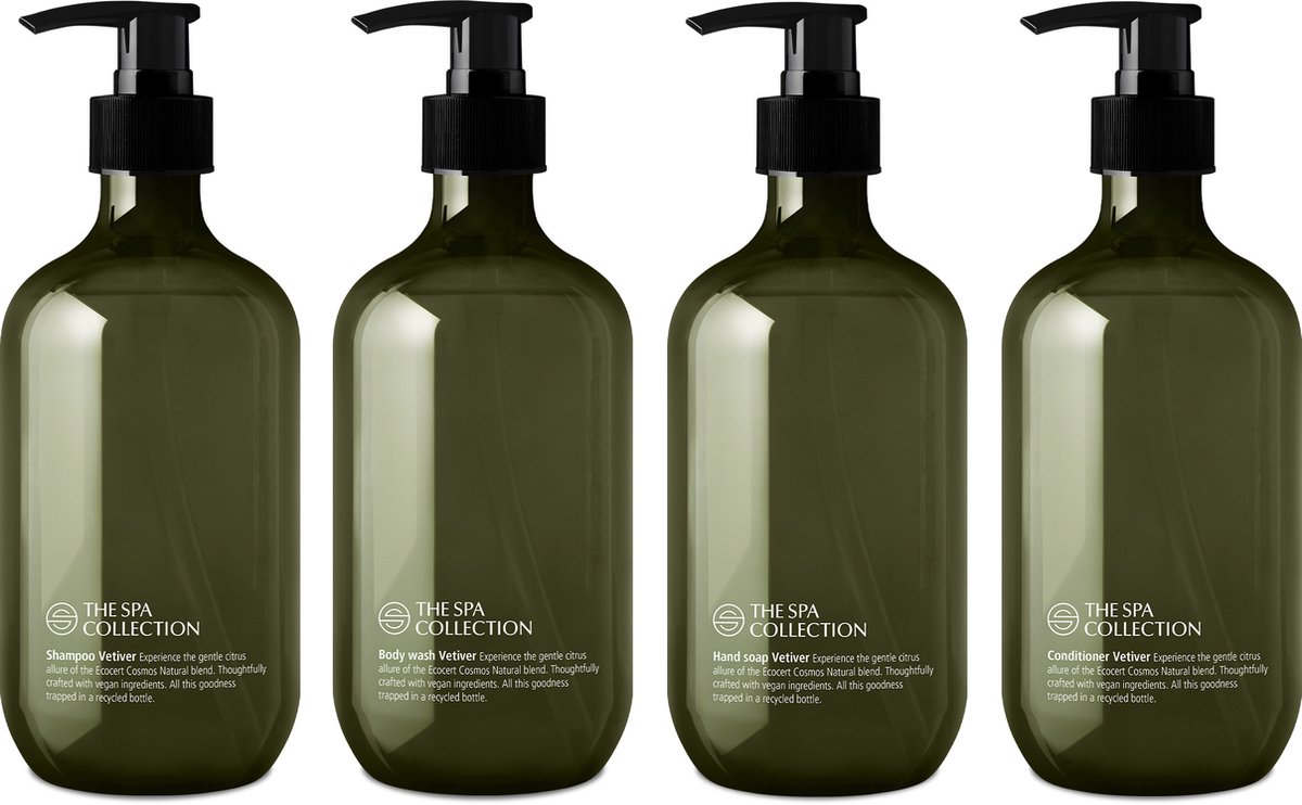 Goedkoopste The Spa Collection Vetiver - Ecocert Cosmos Natural - Shampoo Body Wash Conditioner Handzeep - 475 ml gerecyclede pompfles - Set van 4 stuks