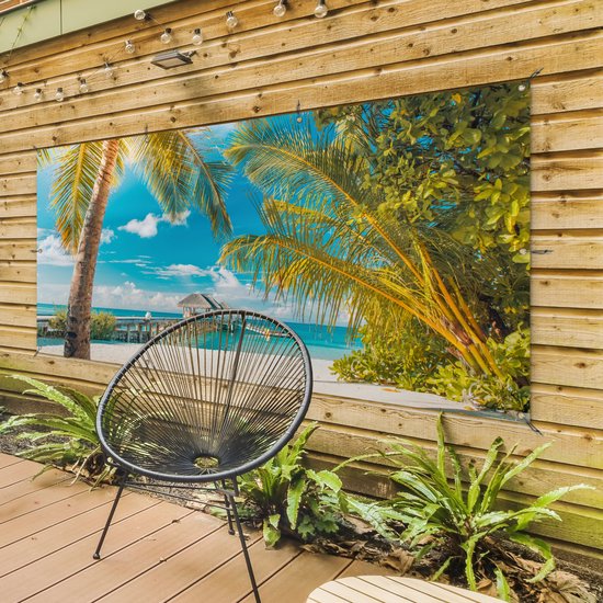 Affiche pour clôture Plage - Palmier - Mer - 200x100 cm - Toile de jardin