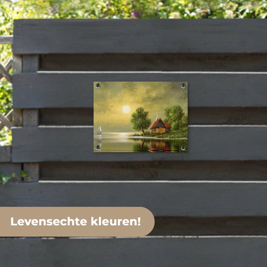 Tuin decoratie Schilderij - Olieverf - Huis - Natuur - Water - 40x30 cm - Tuindoek - Buitenposter