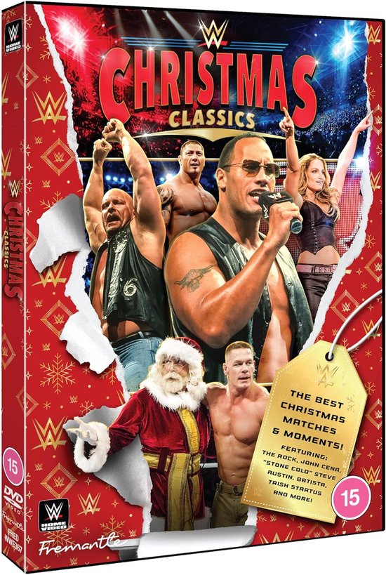 DVD-cover met de WWE sterren Stone Cold, The Rock, John Cena, en Trish Stratus, naast de Kerstman. Tekst: WWE Christmas Classics.