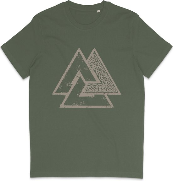 T-shirt kaki avec un symbole viking beige imprimé. Fabriqué en coton bio.