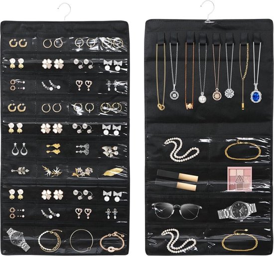 Hangende sieradenorganizer Opbergrol met hanger Metalen haak Dubbelzijdige sieradenhouder voor oorbellen Kettingringen op kledingkast Zwart