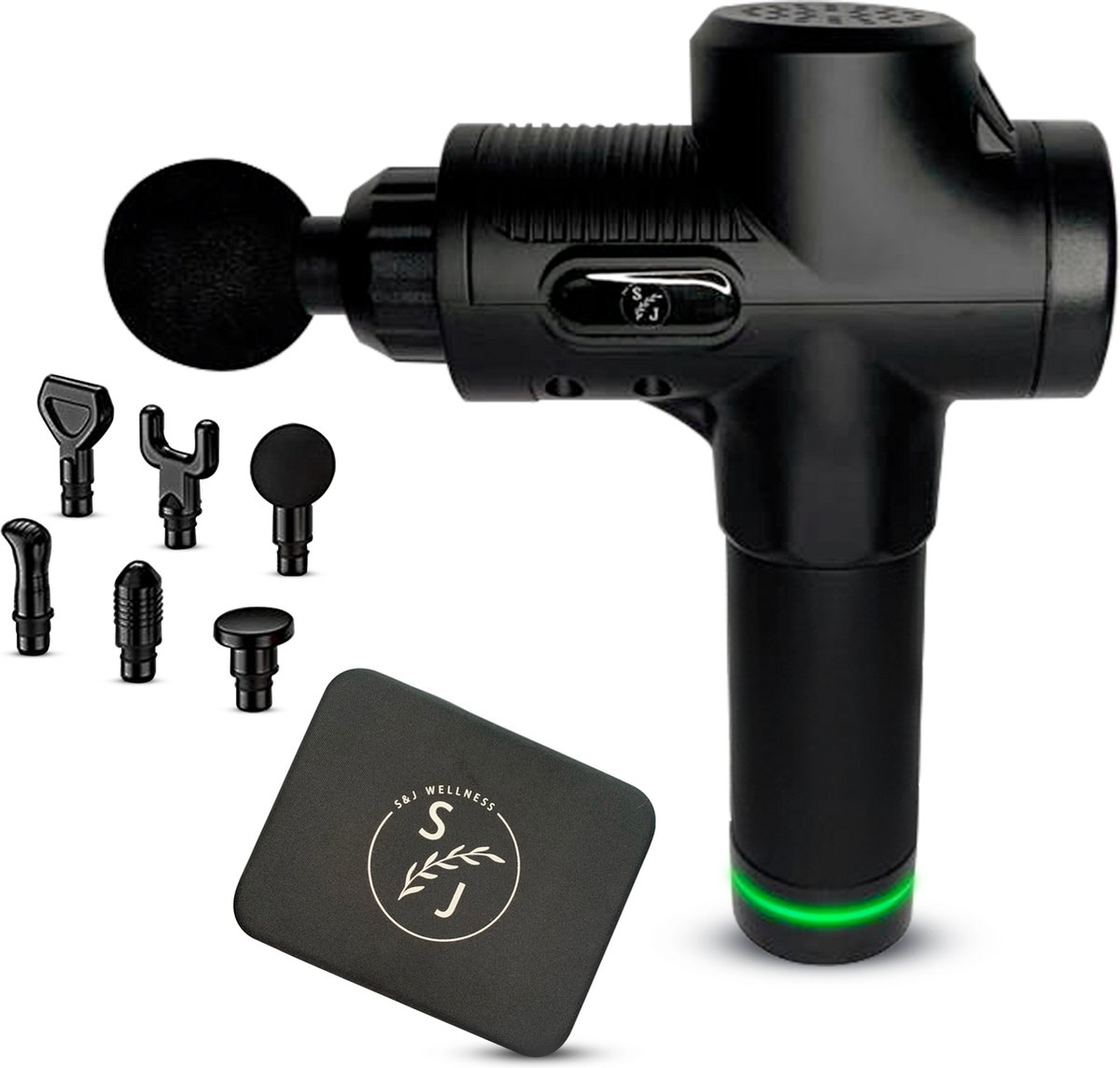 massage gun S&J Wellness - Massage Gun - Massage apparaat - inclusief koffer - krachtige motor - 30 intensiteitniveaus - 6 opzetstukken - Zwart